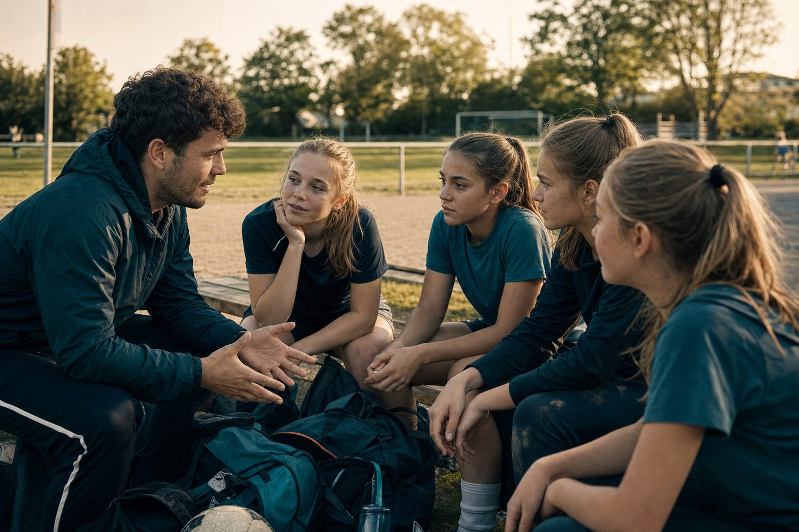 Trainer im Gespräch mit jugendlichen Sportlerinnen